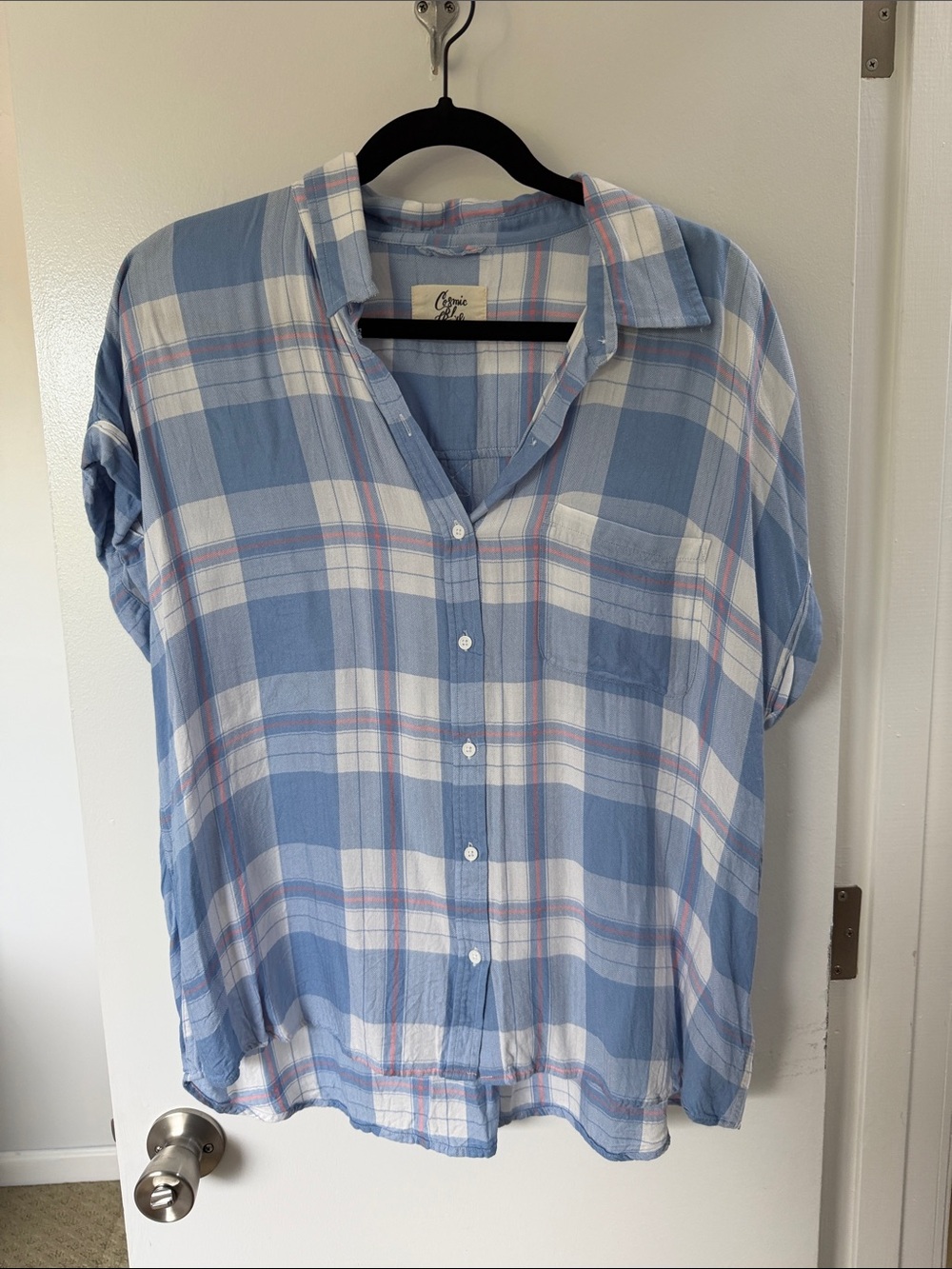 Chambray Blue Plaid Button-Down Shirt – Casual Short Sleeve